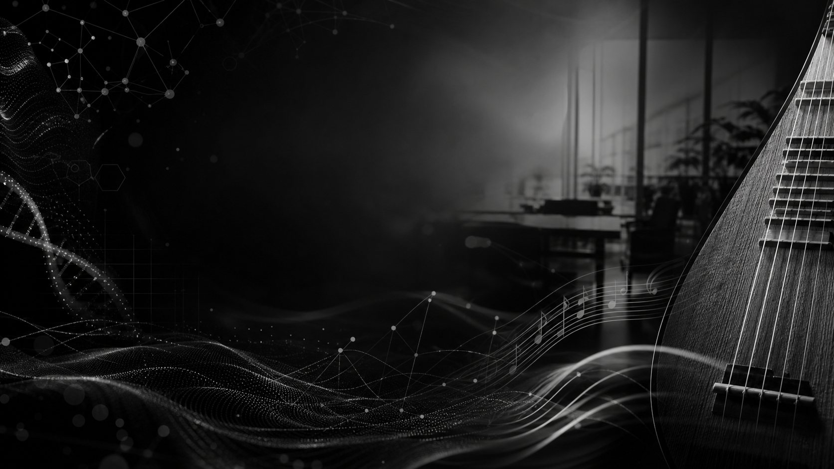 A DNA double-helix of light on the left and a pipa on the right, joined by flowing sound waves — research and culture